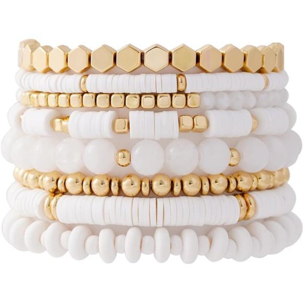 Surfer Heishi Clay Bead Bracelets for Women Bohemian Stackable Gold White Set